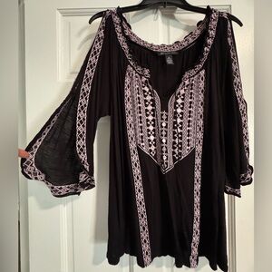 INC International Concepts Black Top with Pink Embroidery
